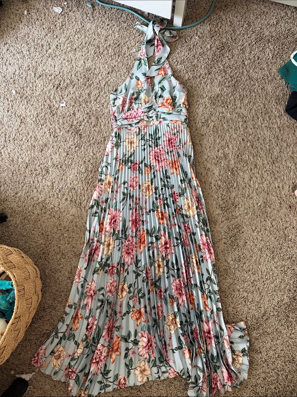 Jessica Simpson Light Blue Floral Halter Pleated Maxi Dress